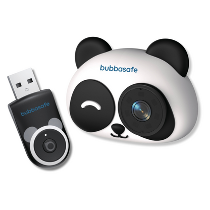 Panda-shaped security device with USB stick and camera lens, branded 'bubbasafe'.