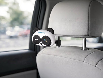 Panda-shaped car mount on a car's headrest with visible brand logo.