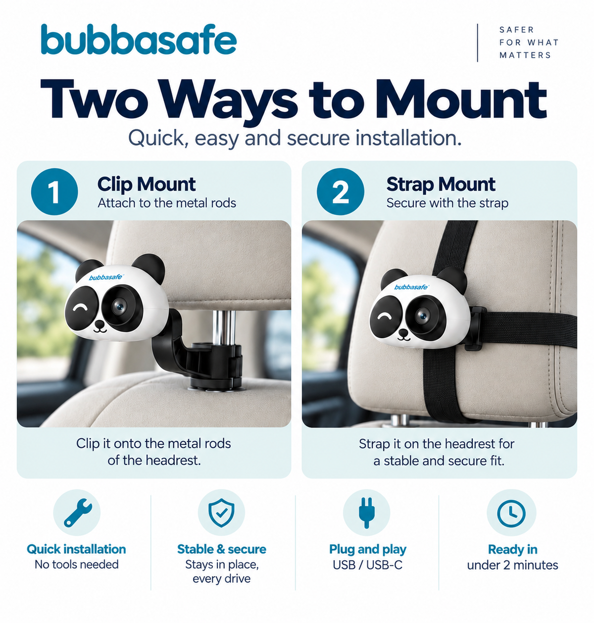 An instructional graphic for the bubbasafe car headrest camera, showing two mounting methods: Clip Mount and Strap Mount. The image features the product attached to a car headrest in two scenarios, with text instructions and feature icons below.